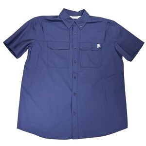 Huk Mens XL Short Sleeve Fishing Shirt Navy Blue Button Down Ventilated Stretch